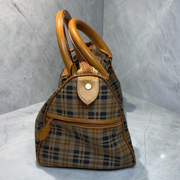 Kirino Collection plaid tan and navy leather bag roomy with inside pocket - Picture 3 of 16